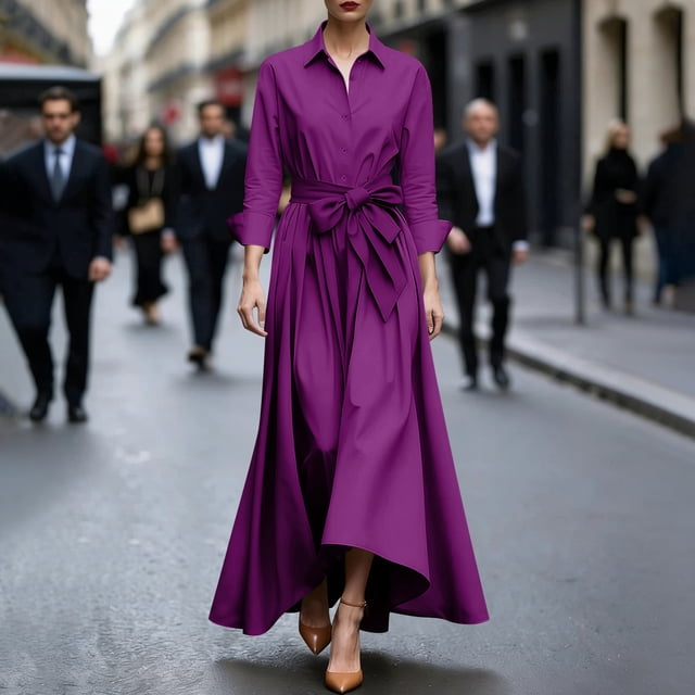 Mceream Robe à Manches Longues pour Femmes Décontractée Grande Taille Élégante Col à Revers Col en V Évasée Longue Robes Chemise Décontractées Coupe Trapèze Ample avec Ceinture Violet m
