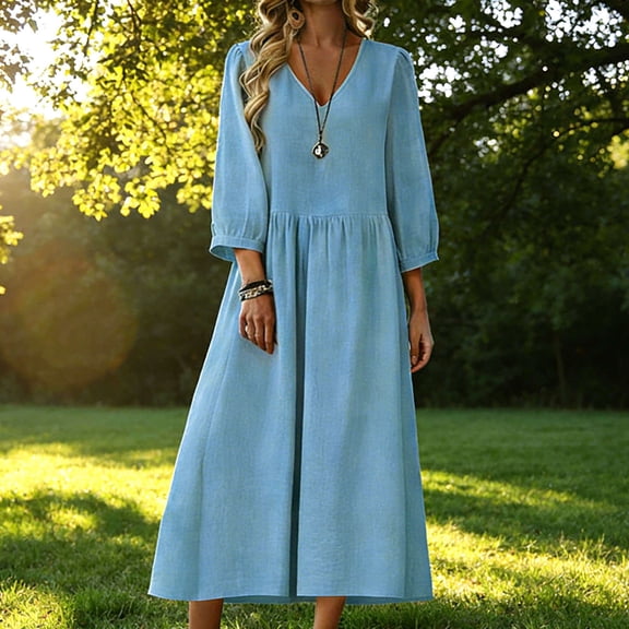 Nmnitkp Dresses for Women Linen Blend V Neck Maxi Dress, 3/4 Puff Sleeve Smocked Waist Loose Fit Casual Summer Dress for Beach Vacation & Brunch Womens Dresses Blue,S