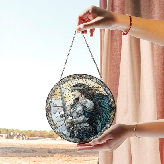 Valkyrie Warrior Stained Glass Suncatcher, Norse Myth Sword Wings Fantasy Window Hanging Decor