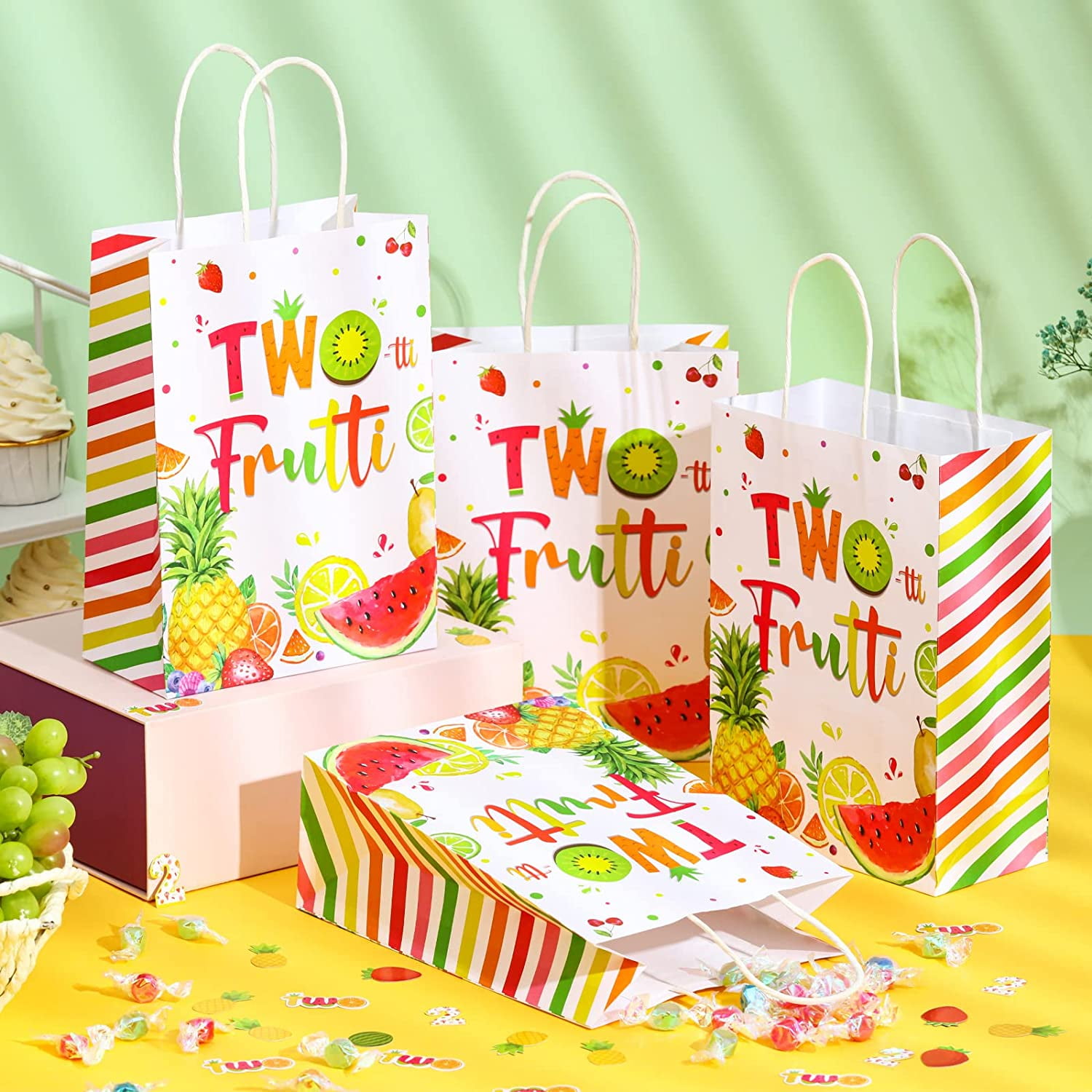 24 Pieces Summer Fruit Party Favor Bags, Paper Tutti Frutti Gift Treat Bag  with Colorful Handle Watermelon Strawberry Pineapple Orange Candy Goodie