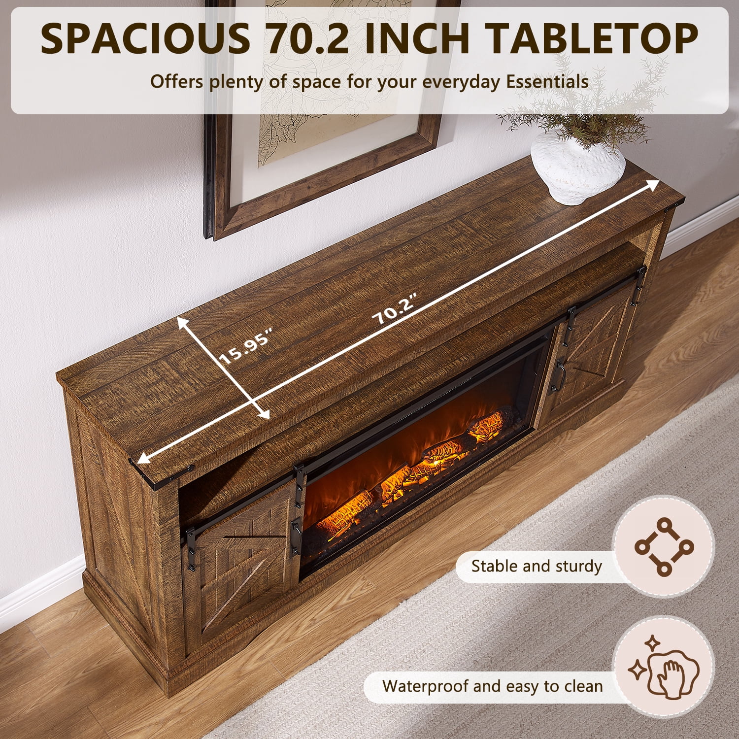 KeyWhat Farmhouse Fireplace TV Stand for TVs up to 80", 37" Electric Fireplace & Barn Door