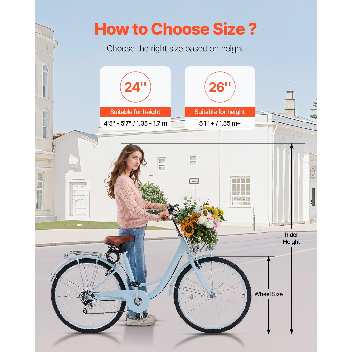 KFFKFF Cruiser Bike, Bike wih 7-Gear, Spacious Basket and Back Stand, Suitable for Biking, Workout & Purchasing