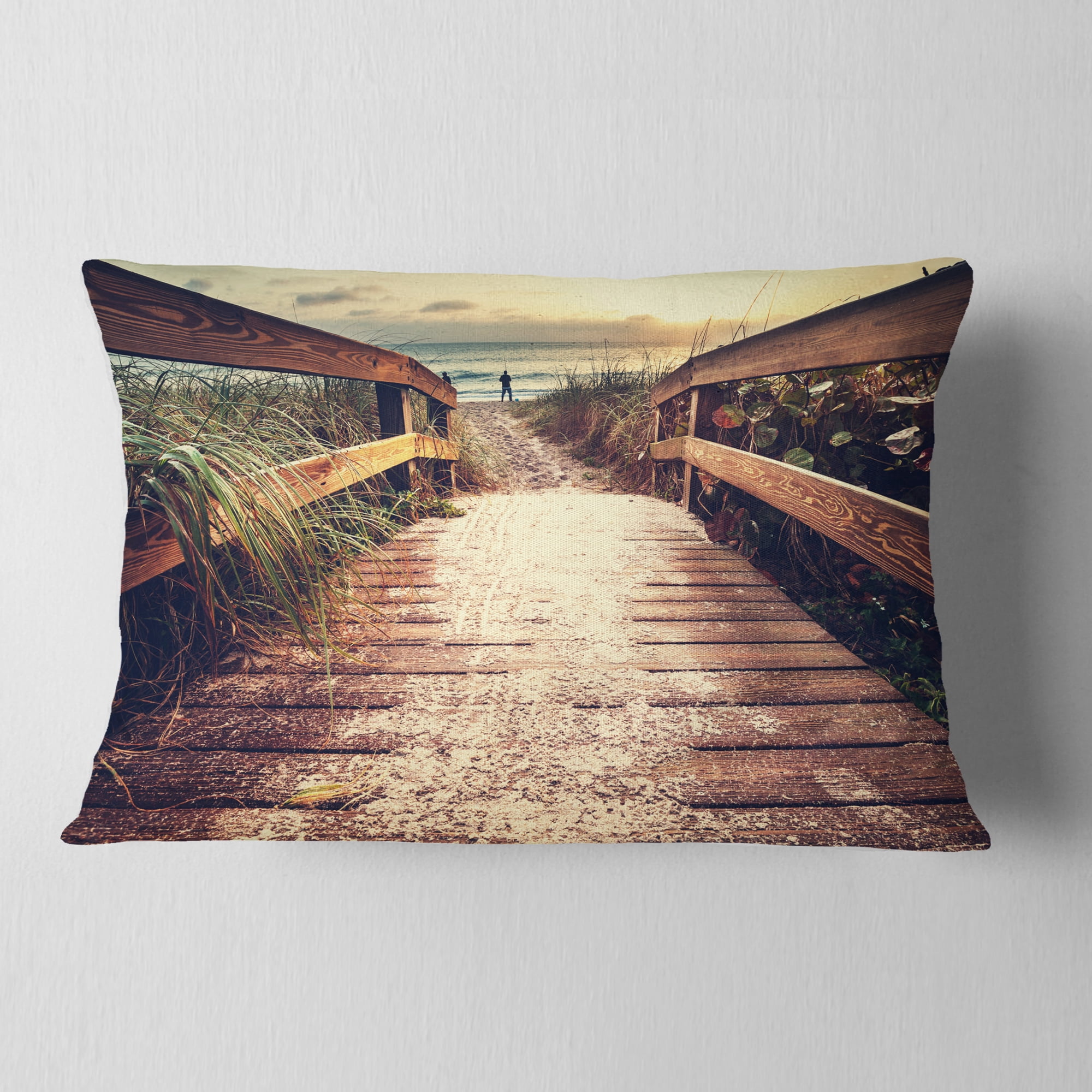 Designart Vintage Wooden Bridge To Seashore - Seashore Throw Pillow - 12x20