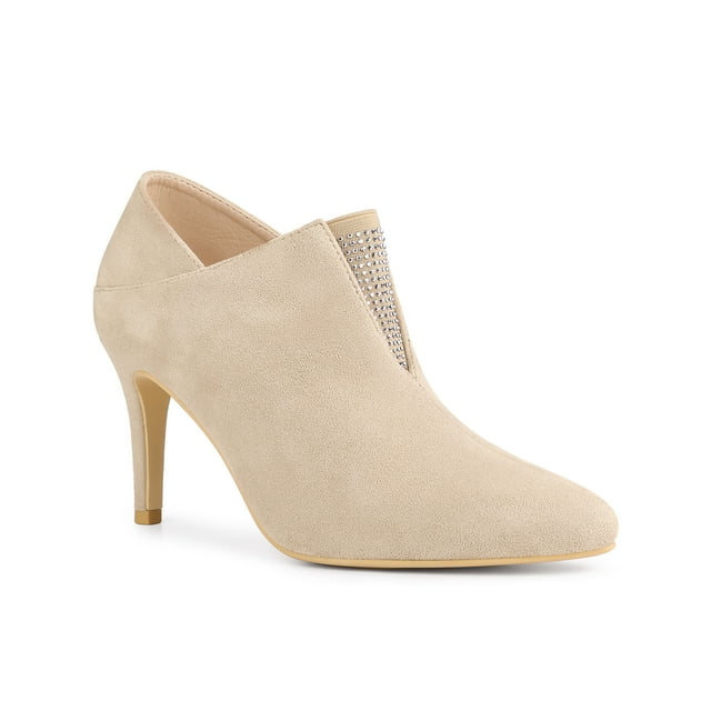 Unique Bargains Women's Rhinestone Stiletto Heel Ankle Booties Beige (Size 6.5)