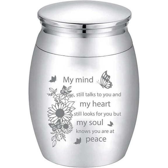 Small Urns for Ashes Mini Cremation Urns Ashes Keepsake Memorial Stainless Steel Metal Funeral Urn Sunflower Butterfly Burial for Pet Human Dog Cat 1.57x1.18 Inch-My Mind Still Talks To You