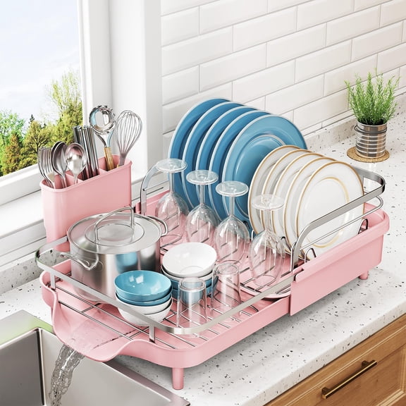 Pink Expandable Dish Drying Rack, 15.2-22.1 Inch, Stainless Steel Frame