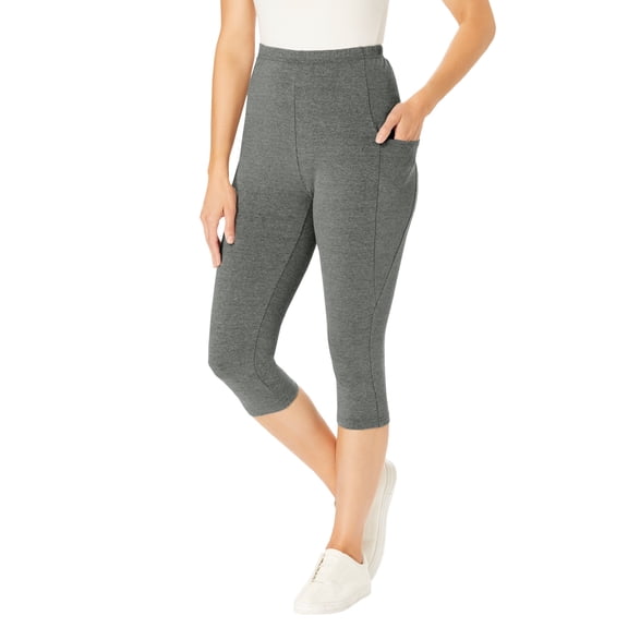 Woman Within Plus Size Stretch-Cotton Knit Pull-On Pocket Capri Leggings