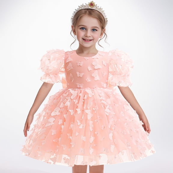 Trendfront Girls 3D Butterfly Dress for Girls Summer Puff Sleeve Solid Color Fluffy Tutu Dress Bowknot Princess Party Gown