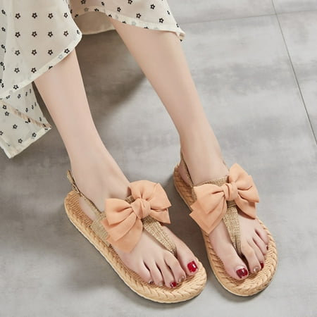 

〖Yilirongyumm〗 Pink 40 Slippers For Women Open Weave Sandals Bow Slip On Breathable Women s Flat Beach Summer Toe Shoes Slippers Women s Slipper