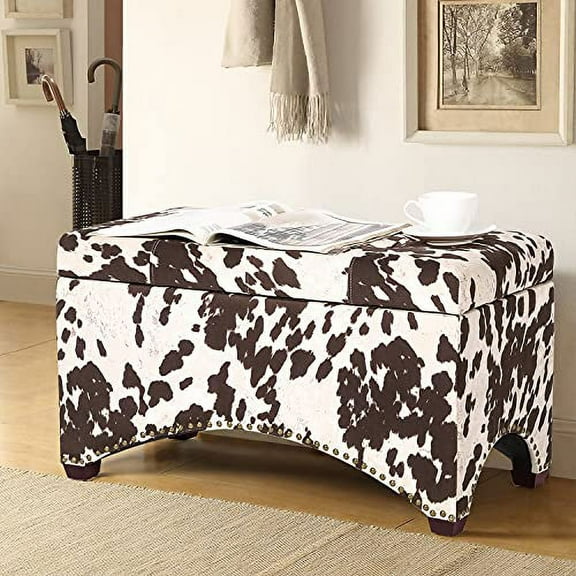 Cow Print Ottoman with Storage 30'' Ottoman Storage Bench Rectangle Faux Cow Hide Ottomans Upholstered Foot Rest Stool for Couch Padded Footstool for Living Room Bedroom