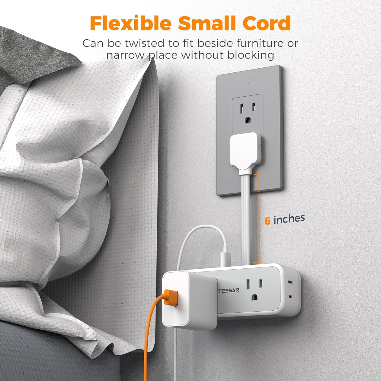 Multi Plug Wall Outlet Extender, 6 inch Short Extension Cord, Flat Plug Splitter with 4 AC 3 USB (1 USB C) Charging Ports, Multiple Outlet Small Power Strip for Home Office Dorm Room