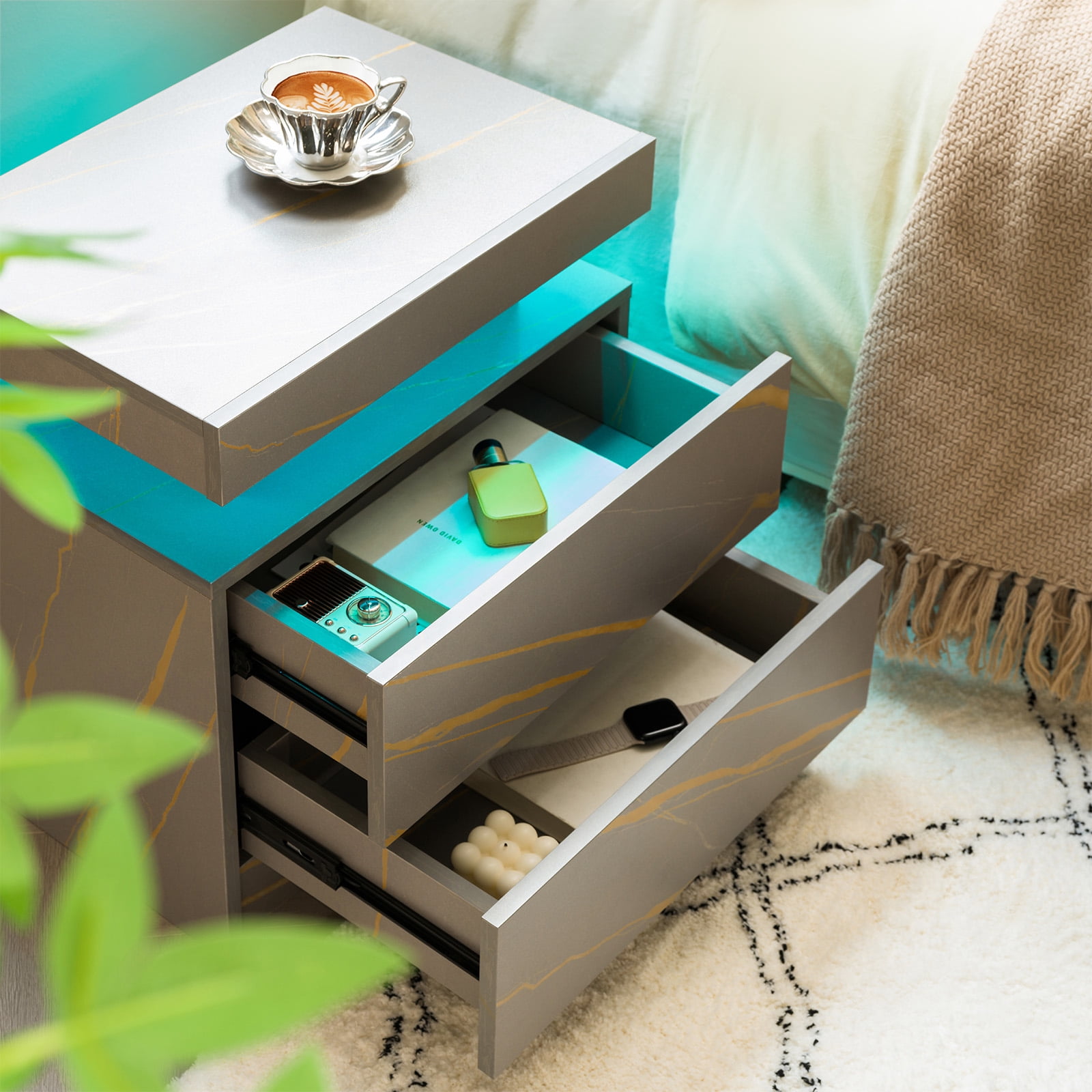Leumius 2 Drawer Modern Nightstand with LED Light Small Bedside Tables End Side for Bedroom,Grey+Gold