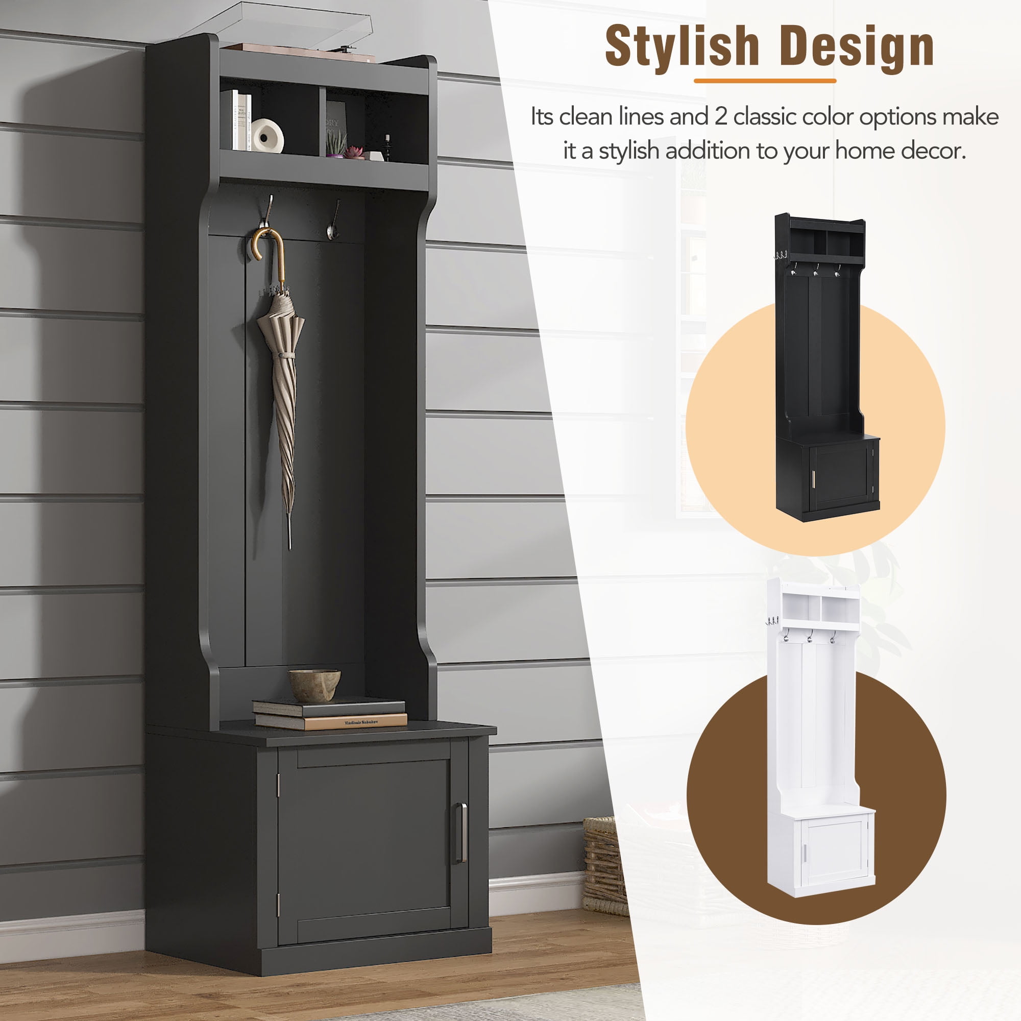 MAYEERTY Minimalist Hall Tree: Slim Cabinet, Multi-functional Storage Bench with Coat Rack, 6 Hooks, Black