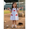 thumbnail image 3 of BemeyourBBs Toddler Baby Girl Baseball Dress Outfit 6 12 18 24 Months 2 3 4 Years Puff Short Sleeve Doll Collar Stripes Embroidery Baseball Bow Summer Dress Clothes, 3 of 9