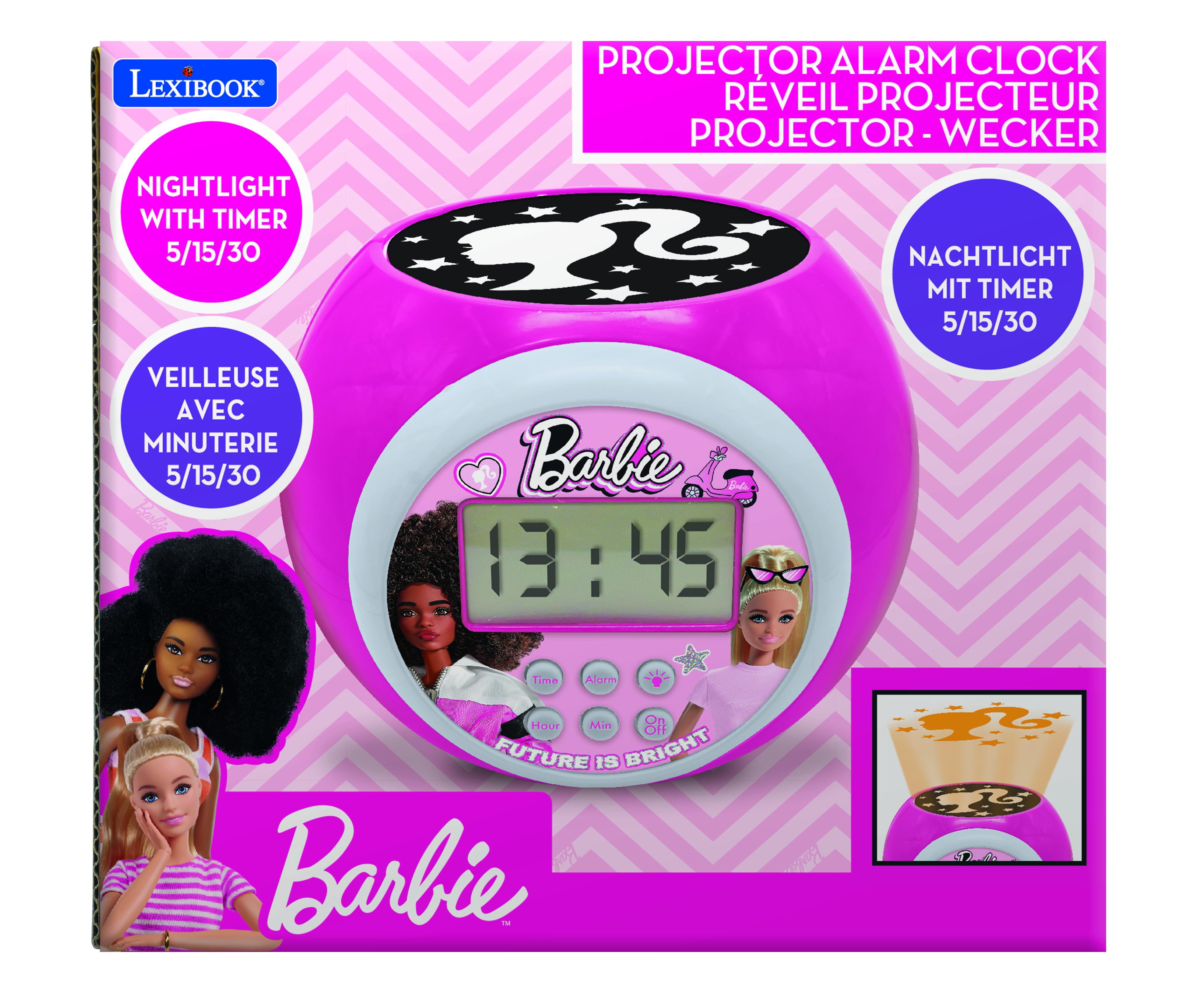 Lexibook, Barbie, Projector Alarm Clock with Alarm and Snooze Function, Night Light with Timer, LCD Screen, Battery Operated