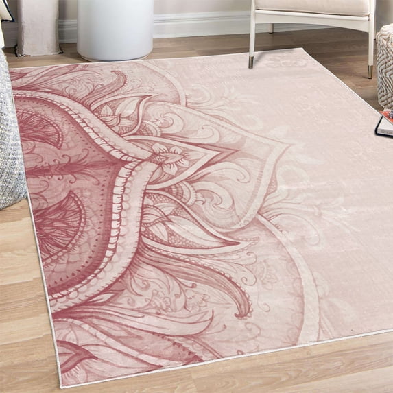 Mandala Decorative Rug, Traditional Ornamental Lace Border Swirled Flower Lines Eastern Folk Art, Quality Carpet for Bedroom Dorm and Living Room, 6 Sizes, Pale Ruby, by Ambesonne