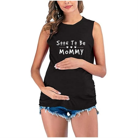

SHENGXINY Women Maternity Shirt Funny Letter Print Side Ruched Sleeveless Pregnancy Clothes Summer Cute Pregnancy Tops Soon To Be Mommy Novelty Tee