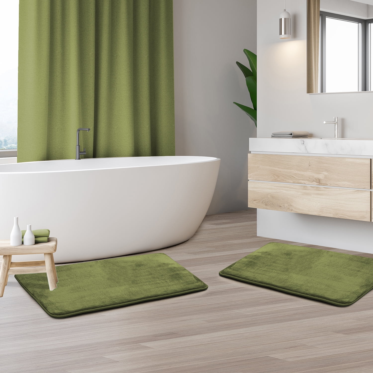 2 Piece Premium Memory Foam Bathroom Mat Set 2 17x24 inch Bath Rugs, Green