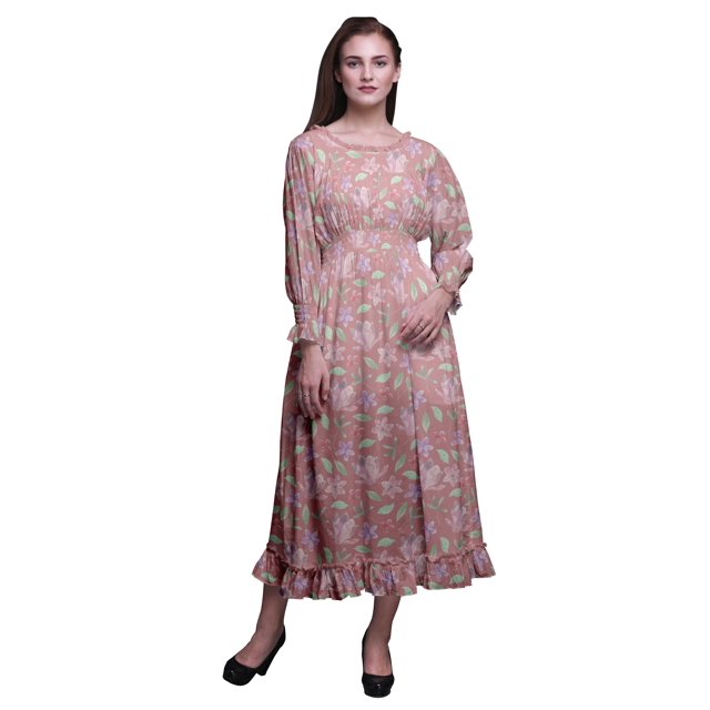 Bimba Robe Maxi à Volants pour Femmes, Florale, Manches Bishop, Col Rond, Taille Smockée - Xxx-Grand