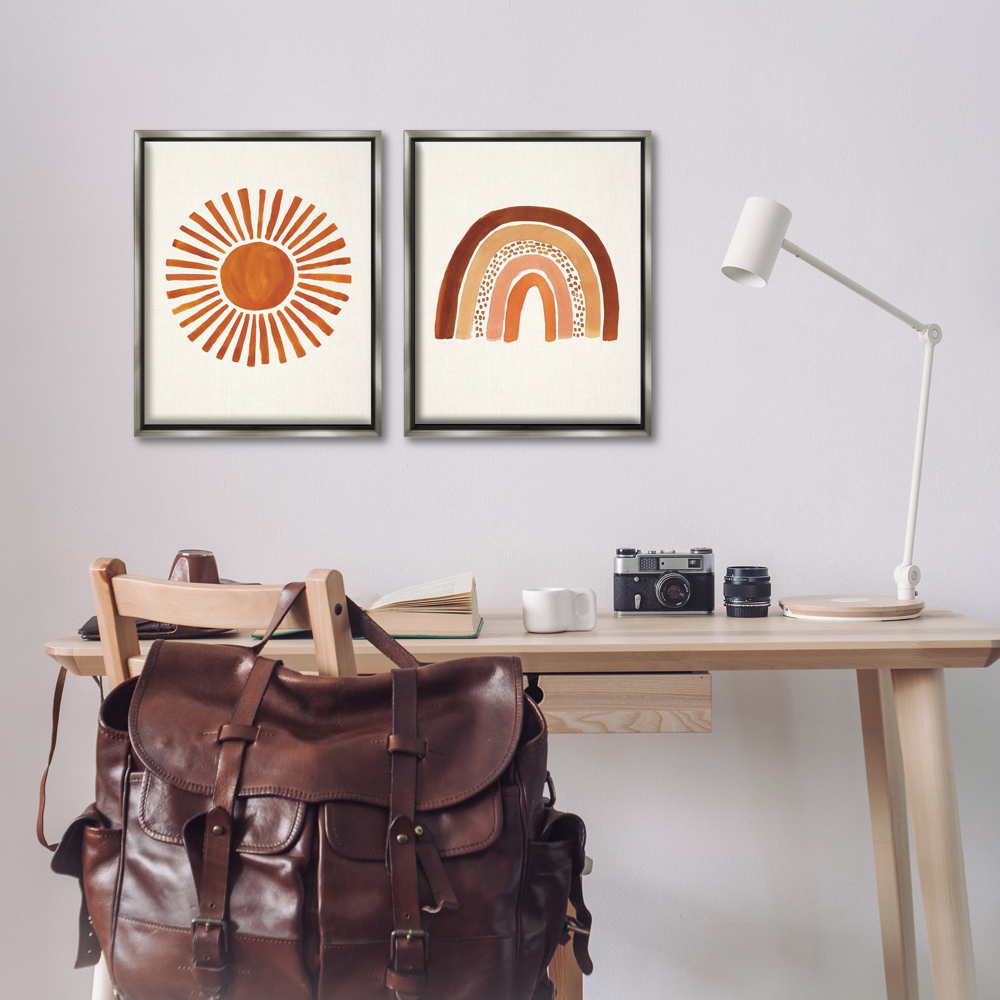 Stupell Industries Orange Sun Patterned Rainbow Boho Landscape Painting Gray Floater Framed Canvas Art Print Wall Art, 17 x 21, Set of 2