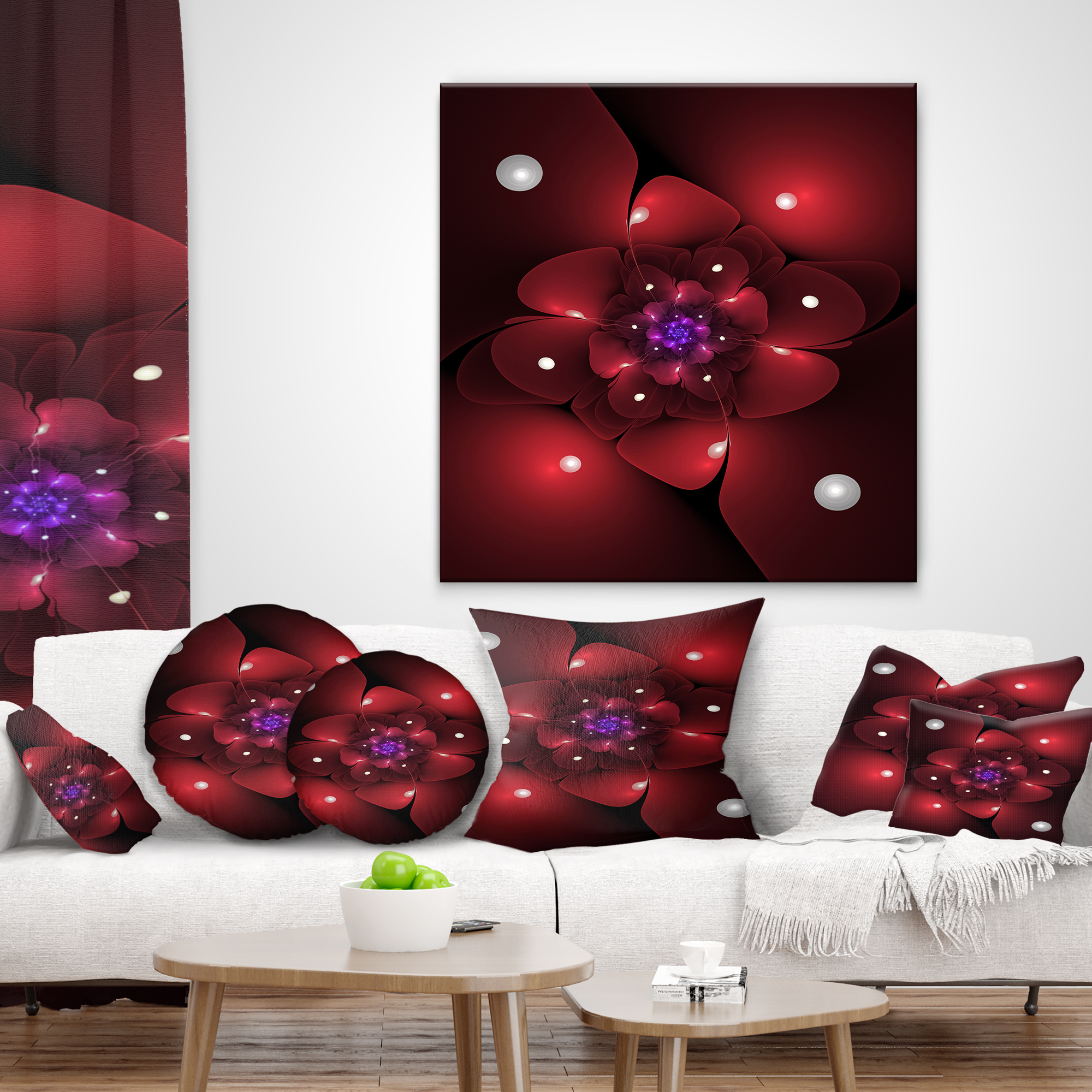 Designart Red Fractal Flower with Illumination - Floral Throw Pillow - 16x16