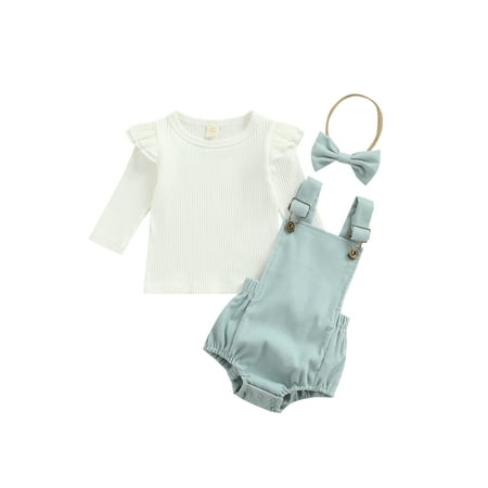 

Nokpsedcb 3Pcs Infant Baby Girl Corduroy Set Ribbed Long Sleeve Round Neck Tops Suspender Solid Color Pants Kids Clothing Blue 3-6 Months