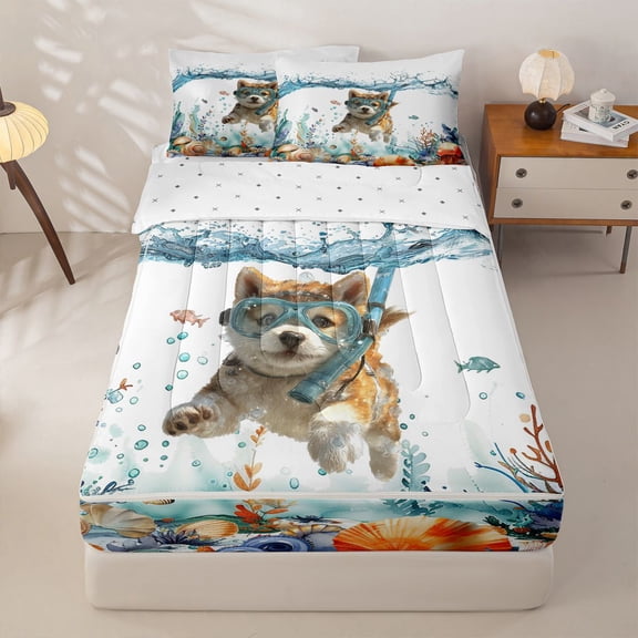 Homewish Lovely Shiba Inu Zipper Twin Comforter Sets with Fitted Sheet and 2 Pillowcases,Coastal Zipper Bedding Set,Dog Theme Decor,Reversible,4pcs