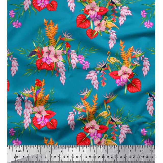 Soimoi Poly Georgette Fabric Floral,Flamingo & Macaw Parrot Bird Fabric Prints by Yard 42 Inch Wide