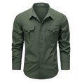 thumbnail image 3 of BiZtdJrK Men's Long Sleeve Fishing Shirt with Pockets Solid Casual Button Up Lapel Cargo Shirts Outdoor Work Going Out Tops, Army Green, XXXL, 3 of 10
