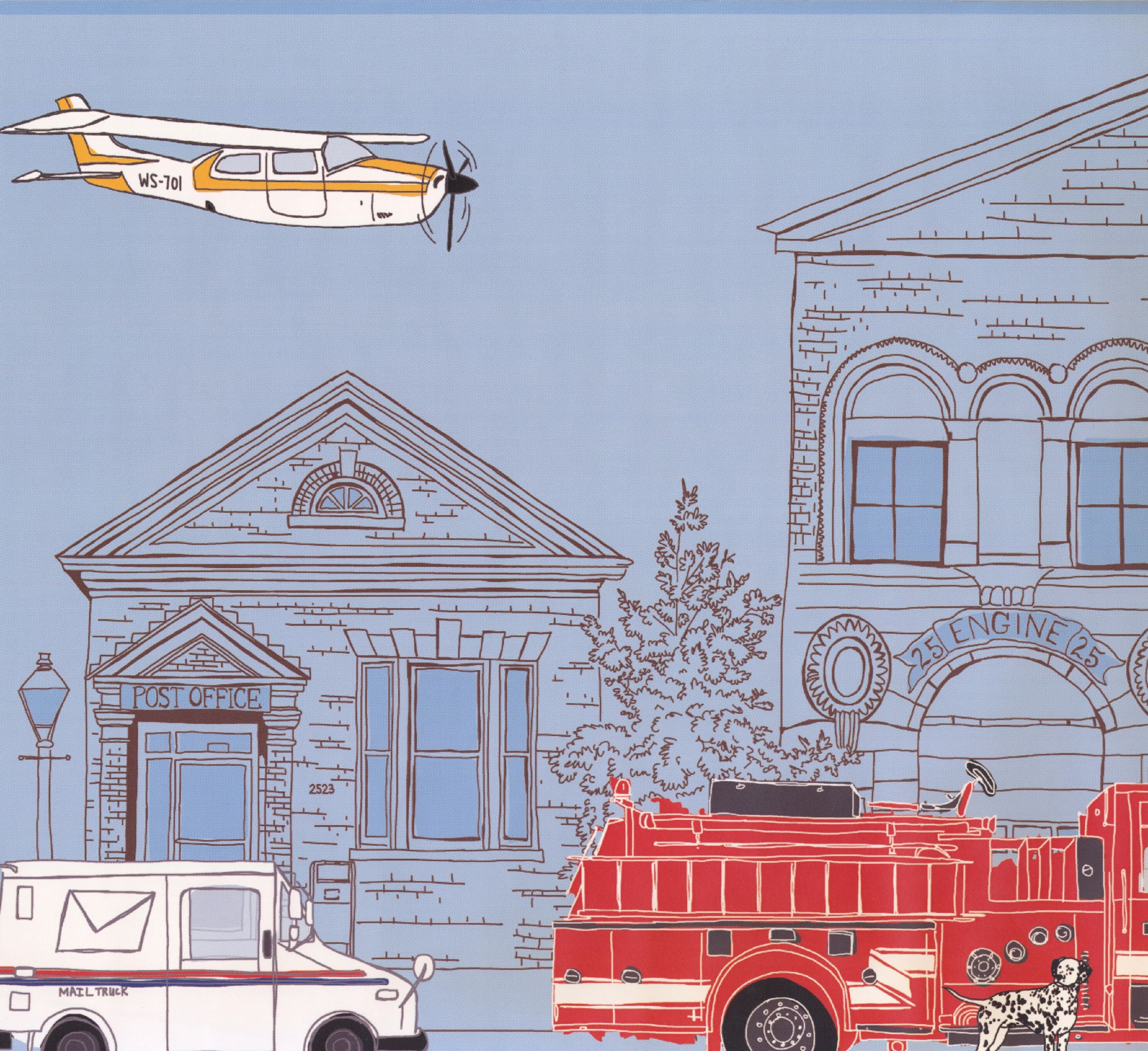 Wallpaper Border Industrial City Cartoon View Plane Post Office Fire