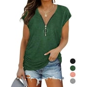 Gustave Womens Sexy Deep V Neck Tops Summer Short Sleeve Zipper Blouse Loose Casual Solid T Shirts Tunic "Green, L"