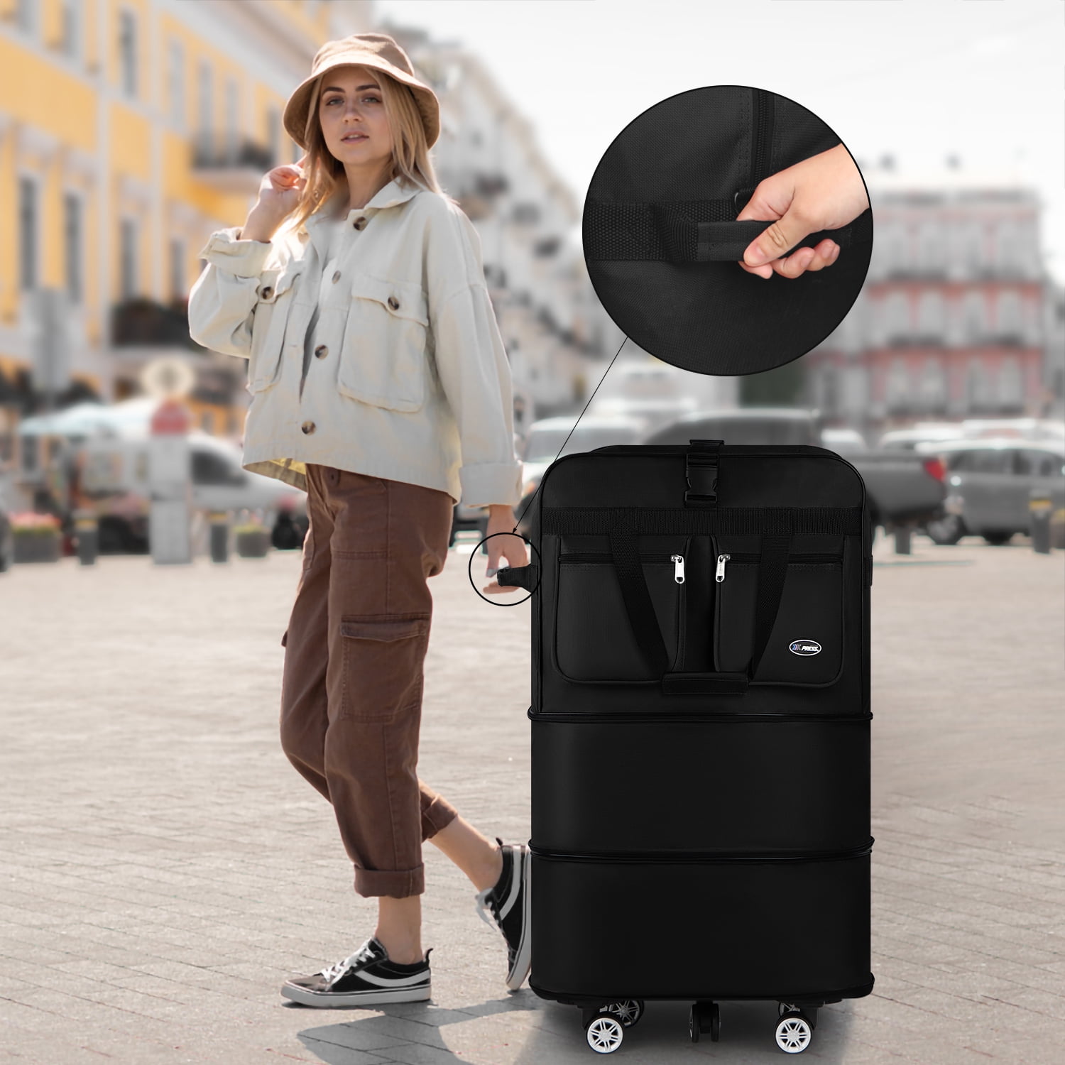 36" Expandable Foldable Luggage Bag,Collapsible Suitcases with Wheels,Rolling Duffle Bag Wheeled Travel Bag for Men Women,MEX-Black