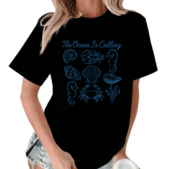Black Minimalist Ocean Life The Ocean Is Calling Print T-Shirt Graphic Tees Shirts Streetwear S-5XL Tops