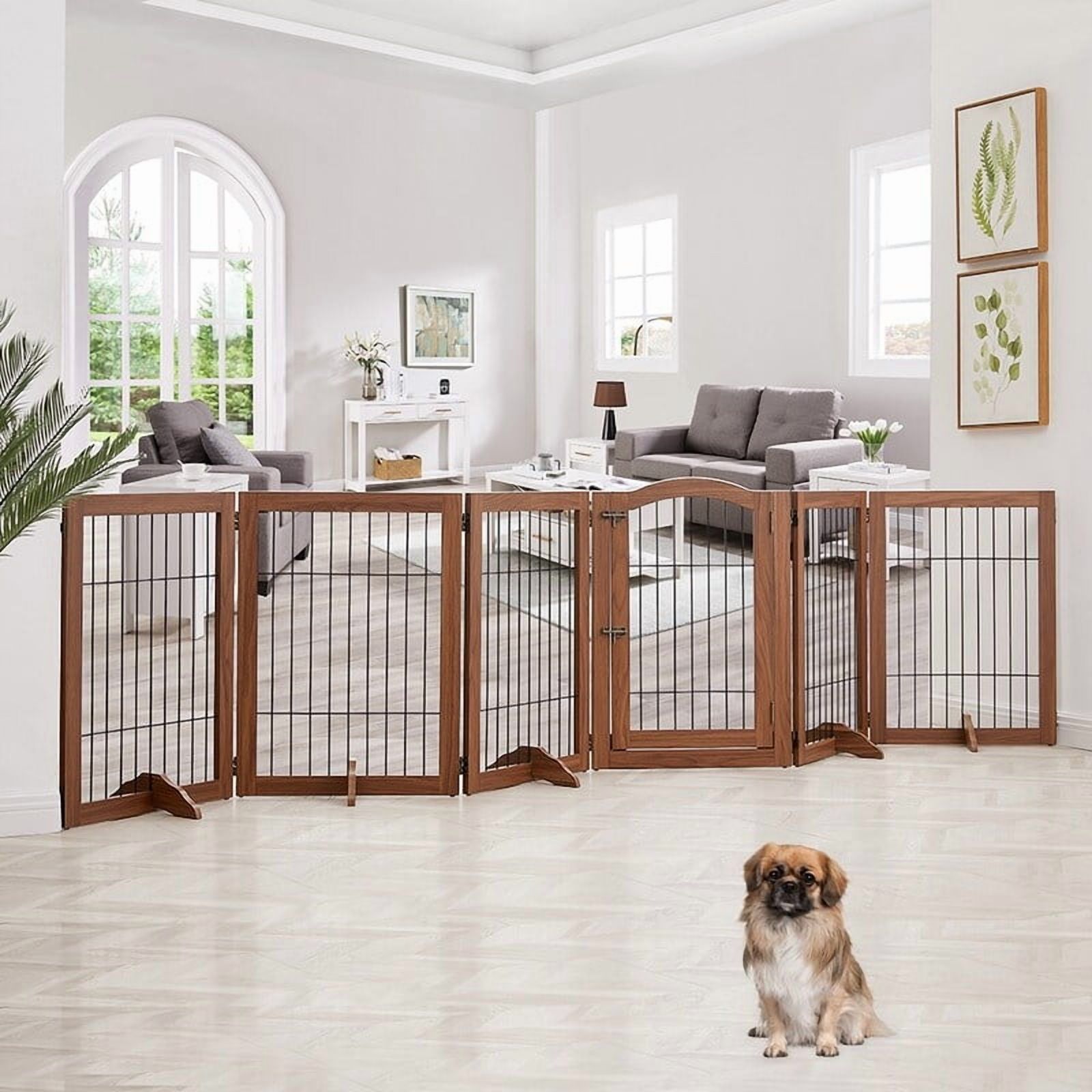 beeNbkks Extra Wide Pet Gate, 6 Panels Freestanding 6-Panel,Walnut - Walnut