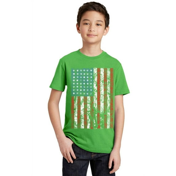 P&B Distressed USA Flag 4th of July Independence Day Youth T-shirt, Green, S