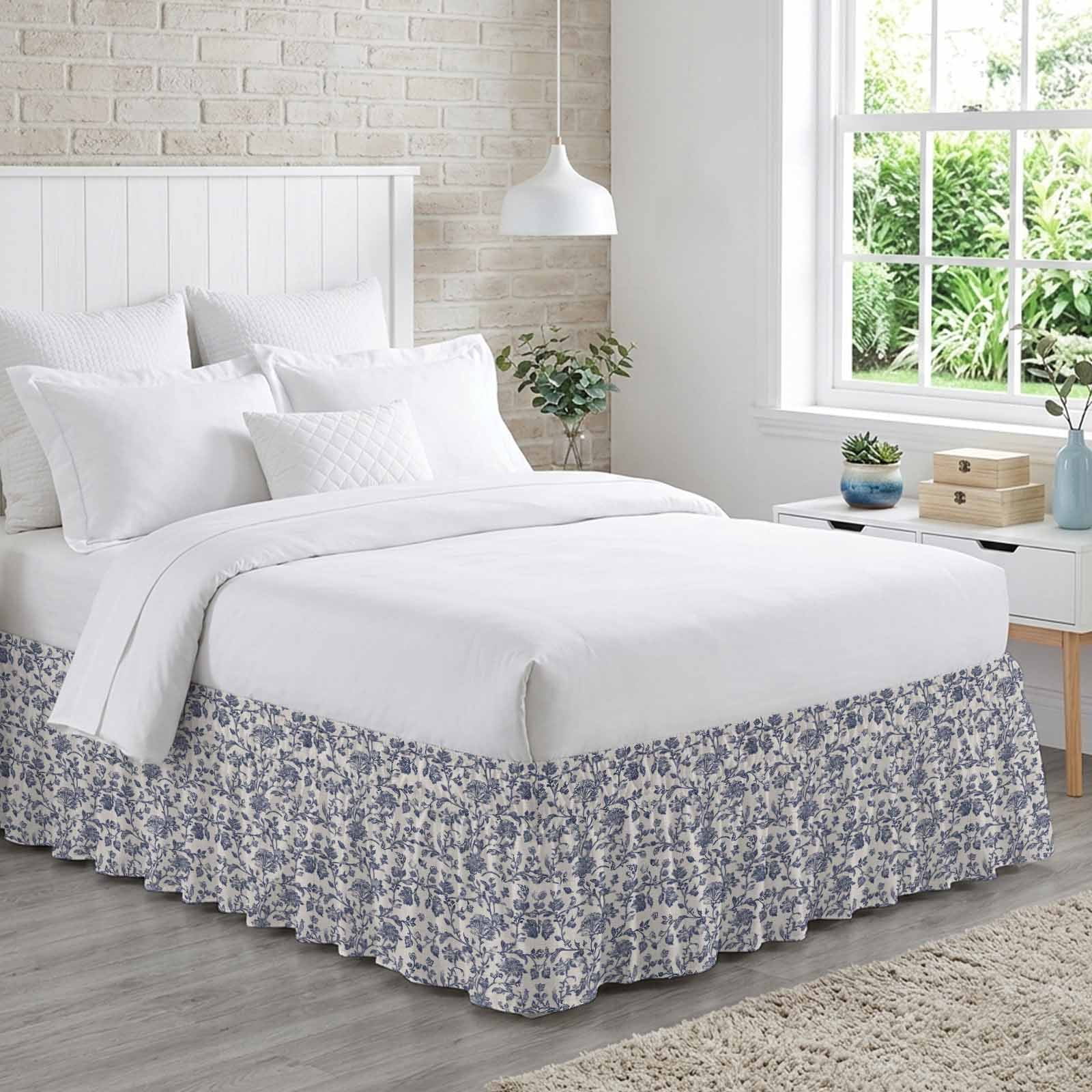 Blue Floral Leaf Bed Skirt Queen Size, Retro Farmhouse Plant Tree Branch Wrap Around Bed Skirting with Adjustable Elastic Strap, Dust Ruffle Pleated Bedskirts 18 Inch Drop for Bedroom Queen Beds