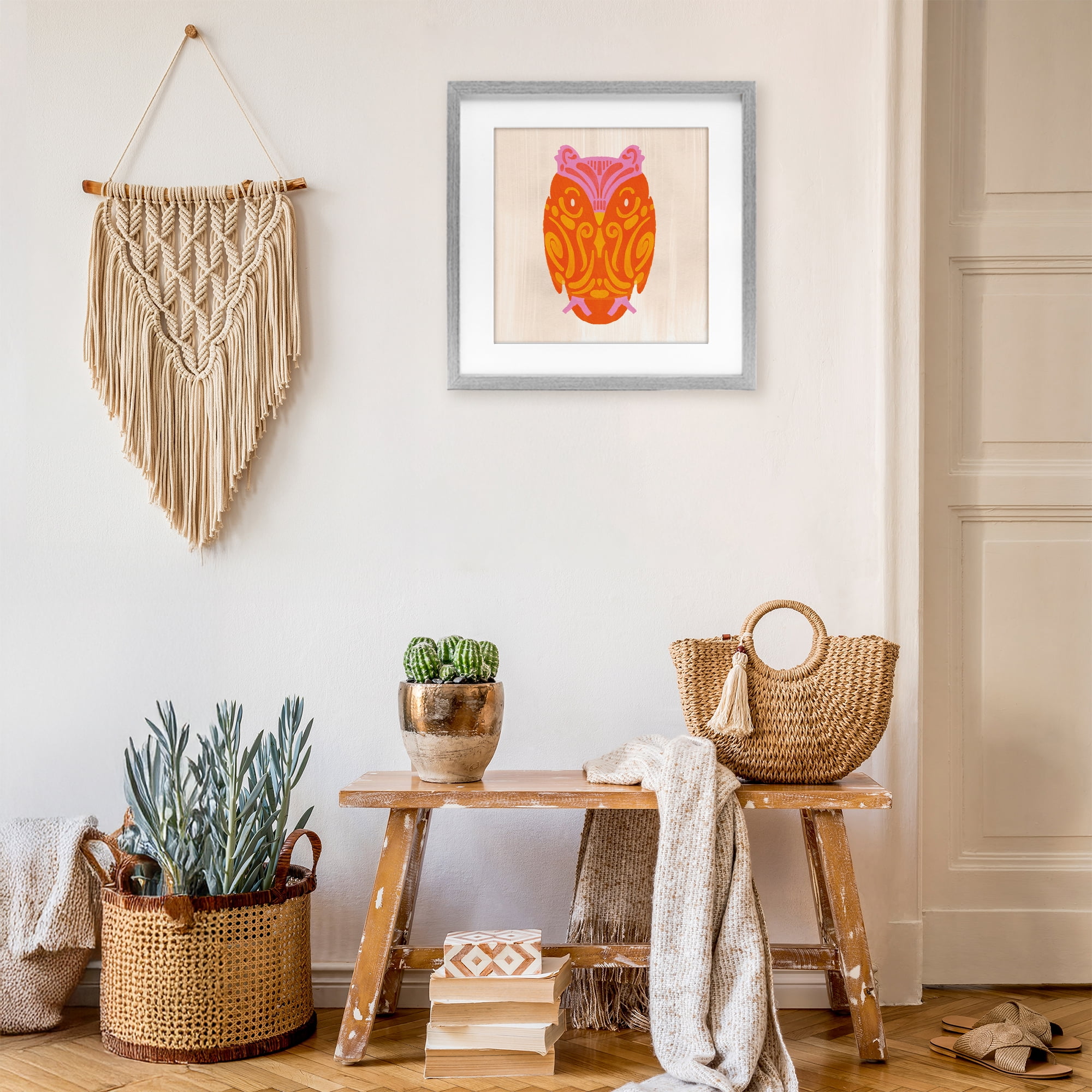 Stupell Industries Vibrant Folk Owl Motif Gray Framed Print Under Glass, design by The Paper Curator