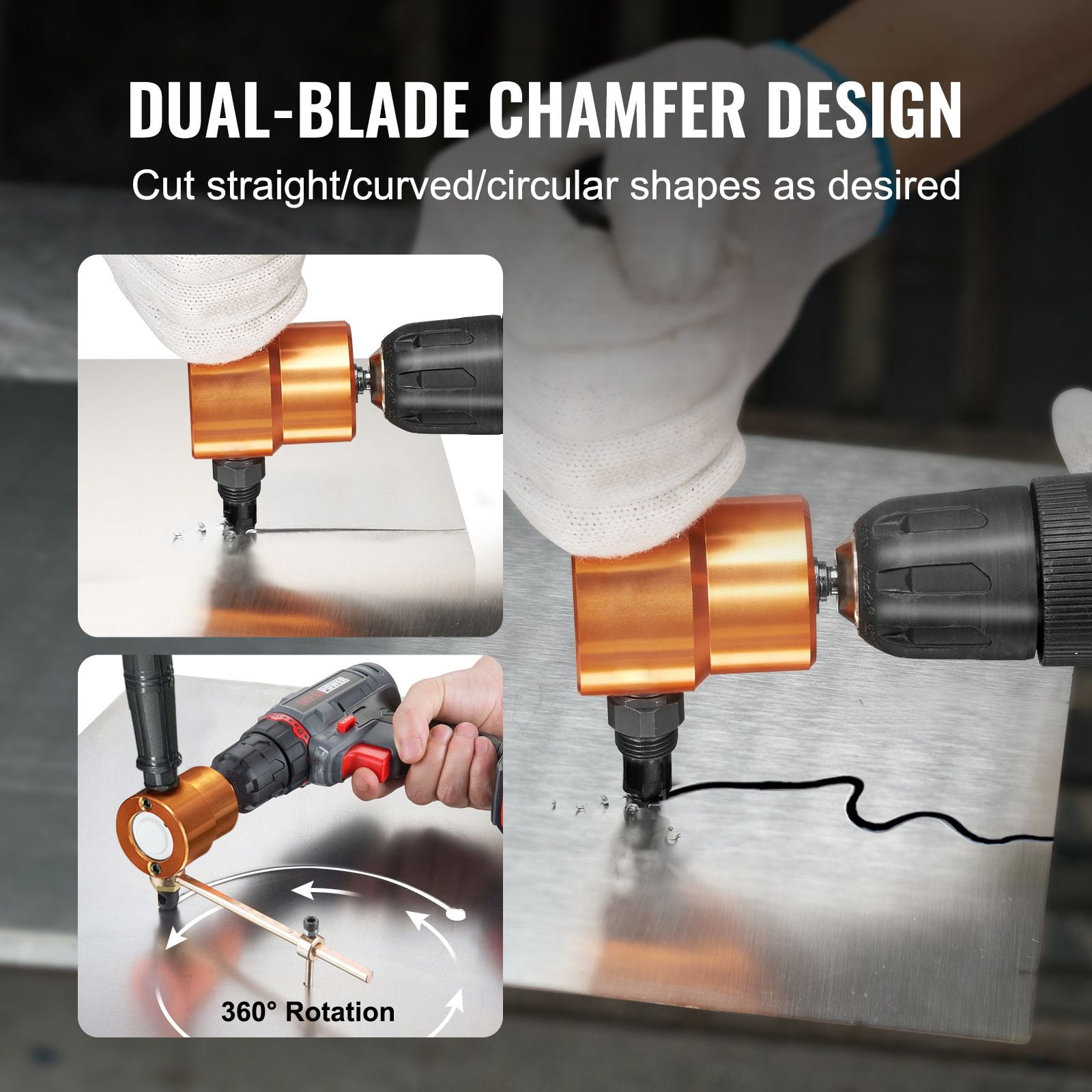 Double Head Sheet Metal Nibbler Drill Attachment, 360° Rotating Cutting Head, Step Drill Bit, Cuts Steel/Stainless/Copper/Aluminum/Plastic/Wood for Automotive Repair