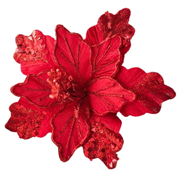 FXMLRLK 1 Pc Christmas Poinsettia Flower Decorations 9.45" Large Glitter Poinsettia Artificial Flowers Christmas Tree Ornaments for DIY Xmas Holiday Wreaths Garland Decoration, Red