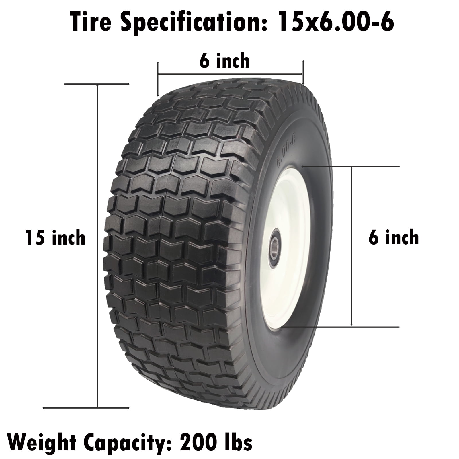 Flat Free Lawn Mower Tires 15x6-6 with 3/4 & 5/8 Bearings, 3" Center Hub 15x6.00-6 Solid Wheel Flat Free Tires for Garden Tractor Lawnmower, Set of 2