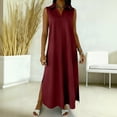 thumbnail image 2 of Hduncf Casual Dresses for Women Summer Sleeveless V Neck Cotton Linen Sundress Solid Color Collared Button Up Beach Maxi Dress Red S, 2 of 5