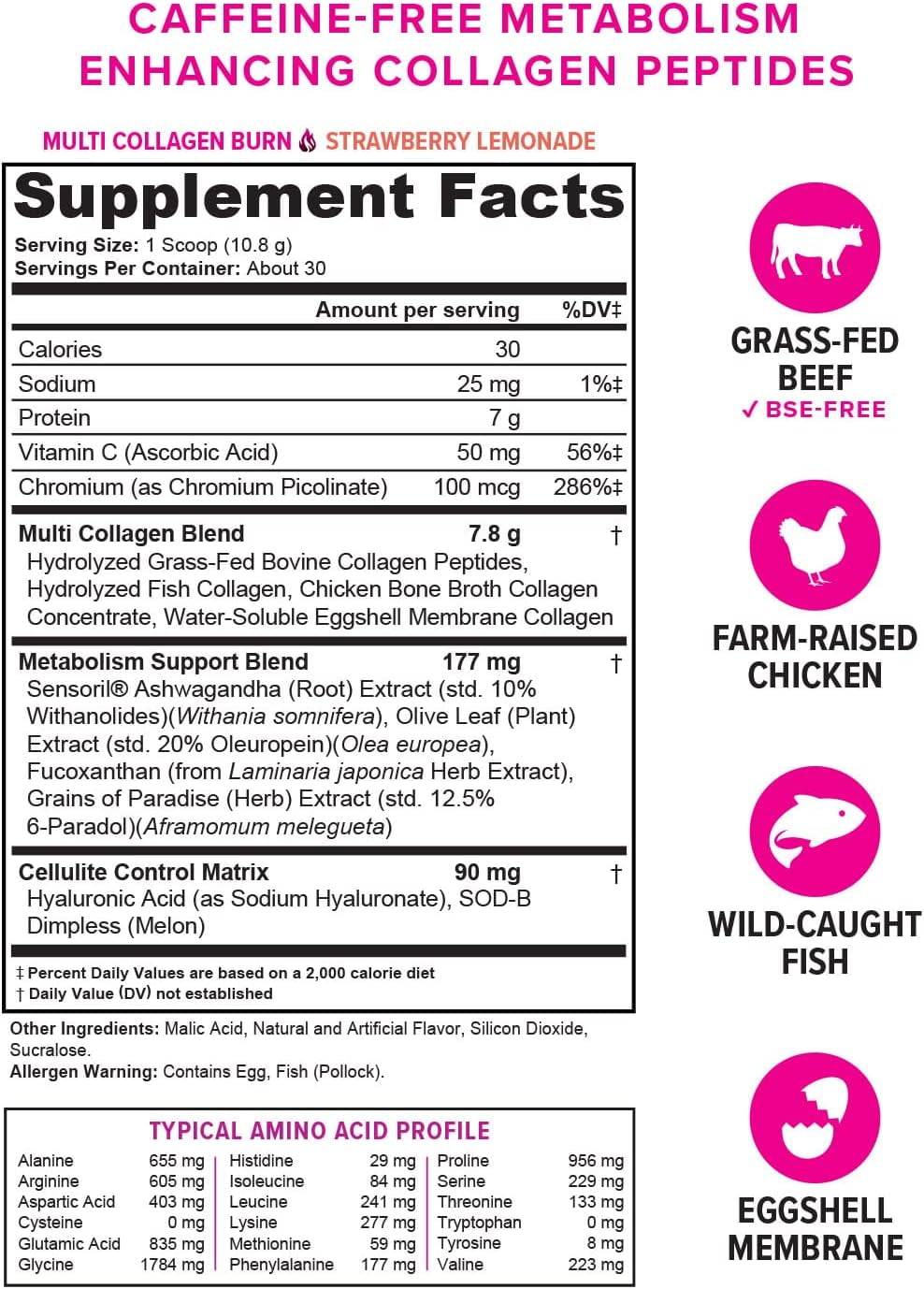 Vitauthority Multi Collagen Peptides Hydrolyzed Collagen Burn Powder, Strawberry Lemonade, 11.4 oz