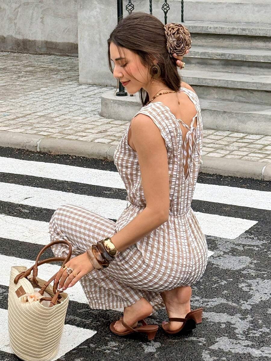 Women's Plaid Striped Sleeveless V-Neck Wide-Leg Jumpsuit,White Summer Boho Holiday Vacation Holiday Casual Elegant Party Wedding Graduation Formal