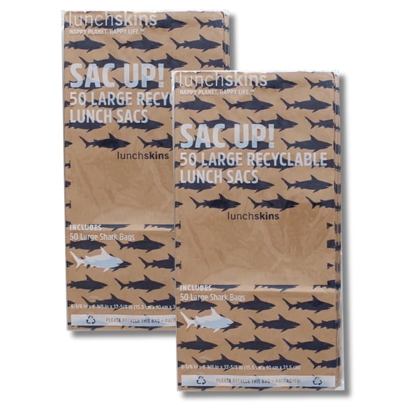 Lunchskins Compostable Large Paper Lunch Sacs – 100 Pack | Brown Kraft Paper Bags with Shark Print & Note Area | Eco-Friendly Lunch, Snack, and Treat Bags