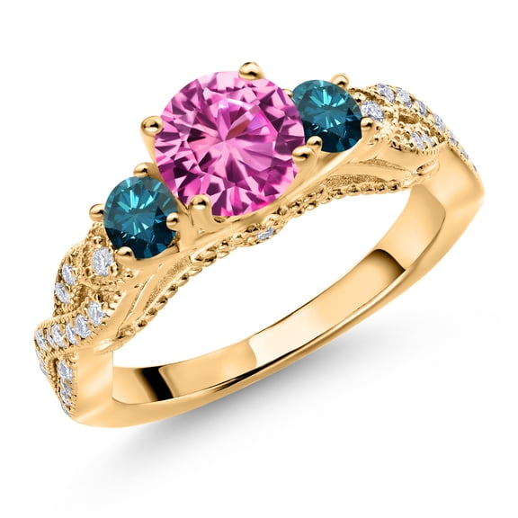 Gem Stone King 18K Yellow Gold Plated Silver Pink Created Sapphire Blue Diamond and White Moissanite Engagement Ring for Women (1.47 Cttw, Gemstone September Birthstone, Round 6MM and 3MM, Size 5)