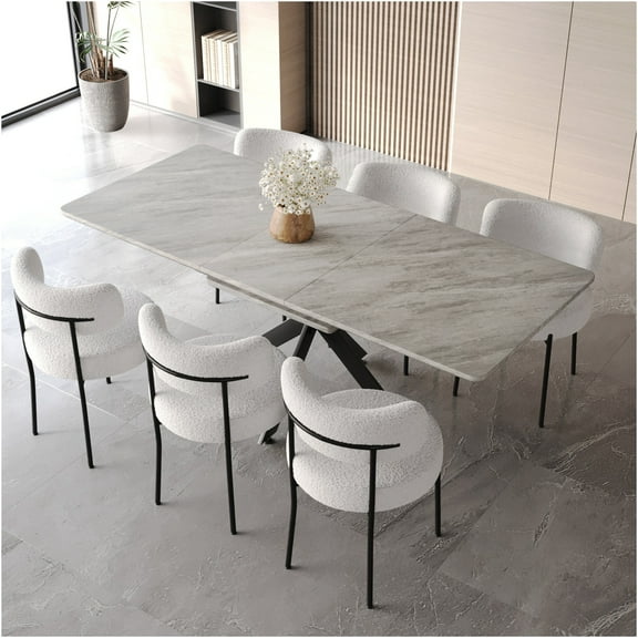 JERFIT 6-8 Person Extendable Dining Table Set with Upholstered Chairs, Modern Kitchen Table with X-Shaped Metal Legs for Dining Room, Grey and White