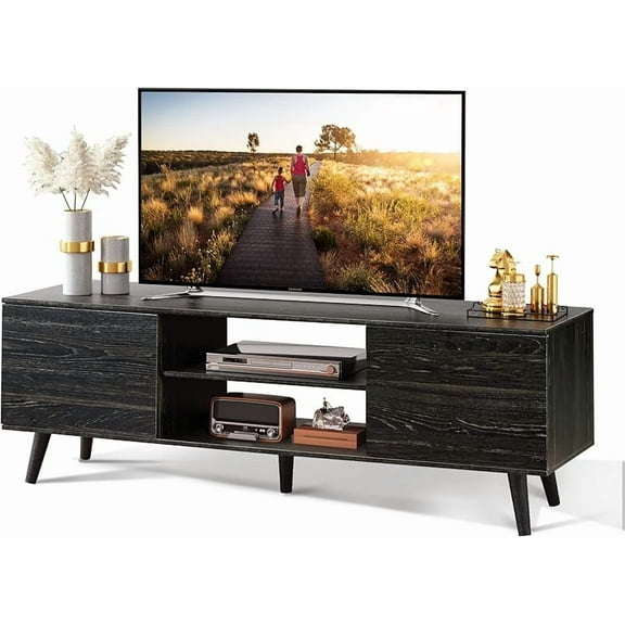 TV Stand for 55 60 inch TV, Boho Entertainment Center with Storage Cabinets, TV Console for Living Room Decor, Greige White