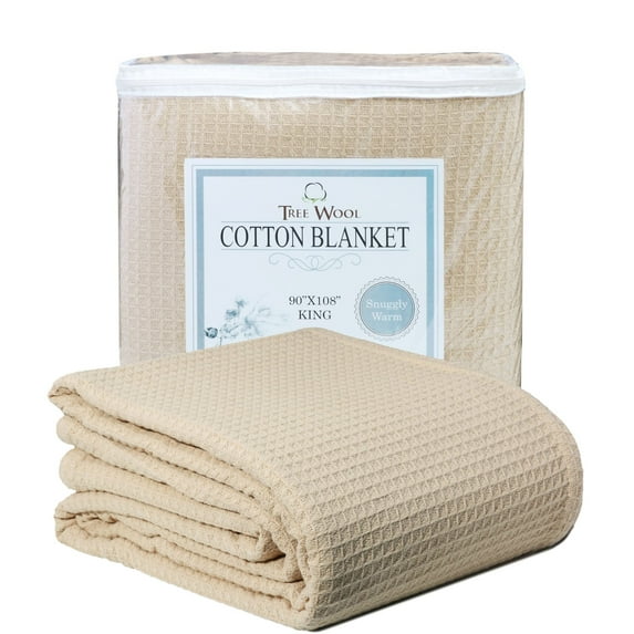 TreeWool, Waffle Weave 100% Cotton Breathable Blanket 420 GSM, King Size, 90" x 108", Beige