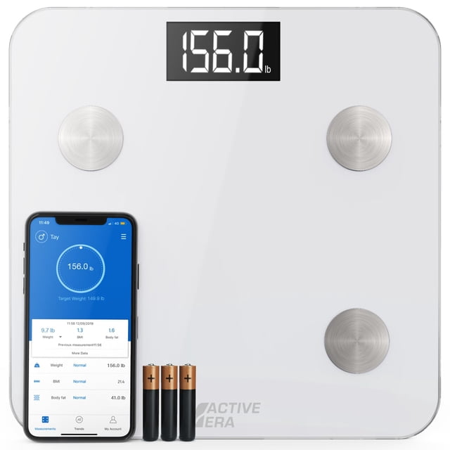 Báscula digital de baño con Bluetooth Active Era para peso y grasa corporal. La báscula Fit Track calcula el IMC, el porcentaje de grasa corporal y la masa muscular. Compatible con Apple Health, Googl