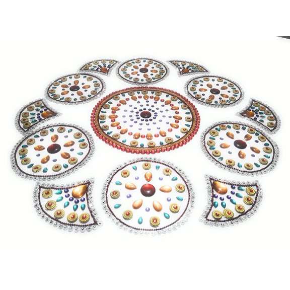 FineArt Handcrafted Decorative Diwali Rangoli Set Multicolor Jewel Stone/Kundan Decorations on OHP Base 11 Piece Set - for Home Dcor